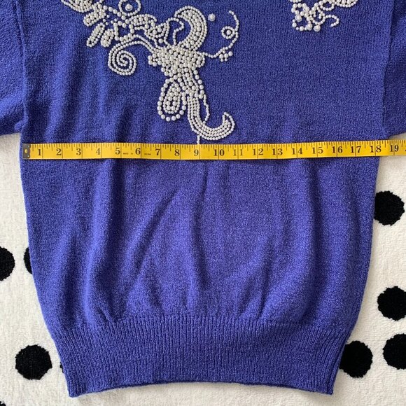Vintage 80s Cobalt Blue Beaded Pearl Knit Pullover Crewneck Sweater - Picture 12 of 16